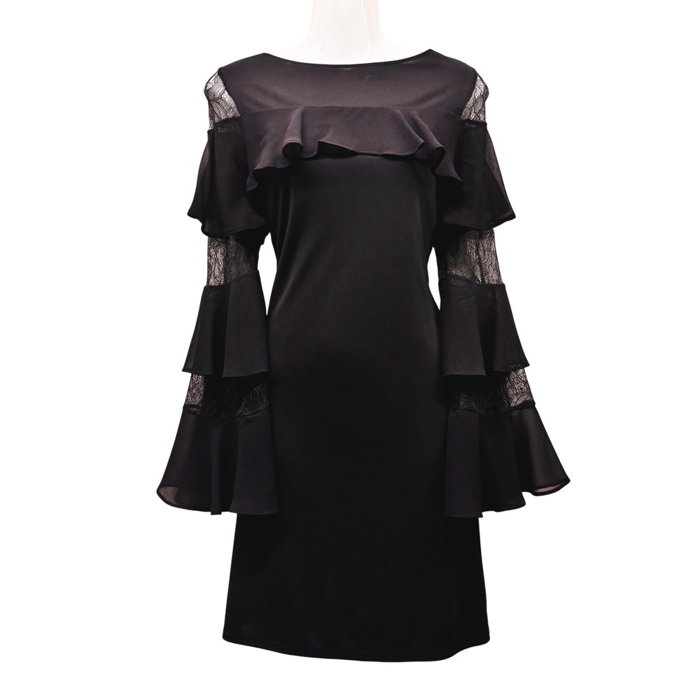 White House Black Market Black Lace Tiered Ruffle Sleeve Shift Dress XS